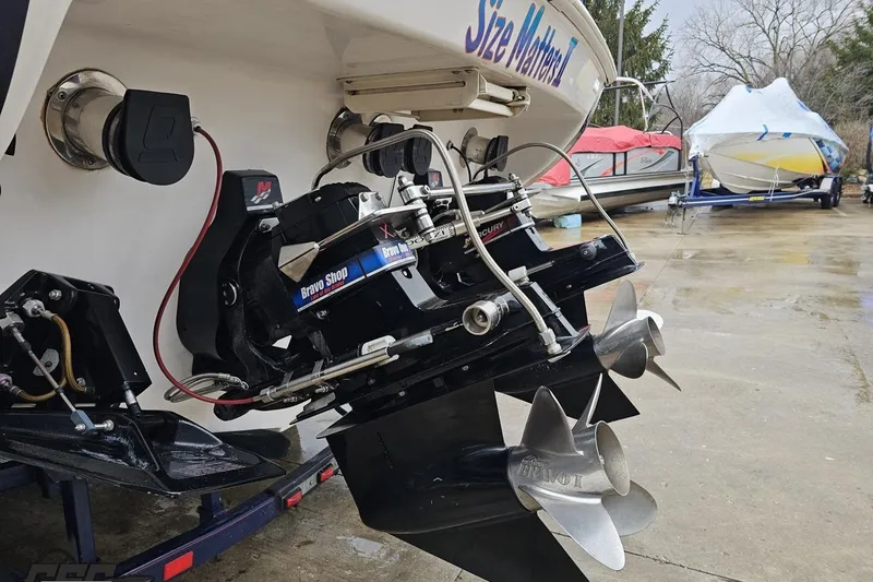 Slide: The Image of 2000 Donzi 33 ZX boat with Bravo Shop outdrive, docked on a trailer. - 18