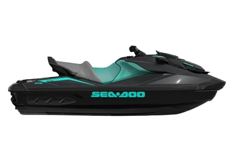 Slide: The Image of 2025 Sea-Doo GTR 230 jet ski, sleek black and teal design, side view. - 21