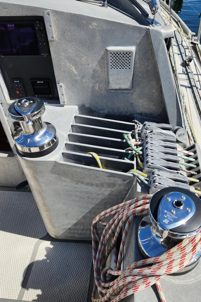 Slide: The Image of Sailing yacht deck with winches and ropes, Dudley Dix Jacobs Bros 43 Pilot, 2004 model. - 19