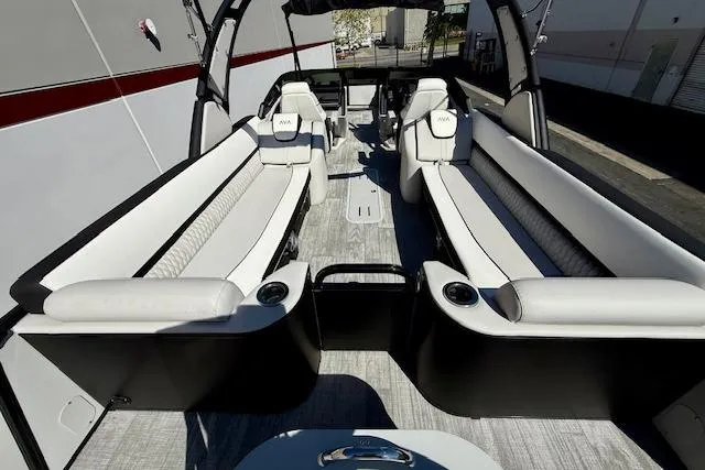 Slide: The Image of 2026 Avalon Catalina Quad Lounge 27' with spacious seating and modern design. - 11