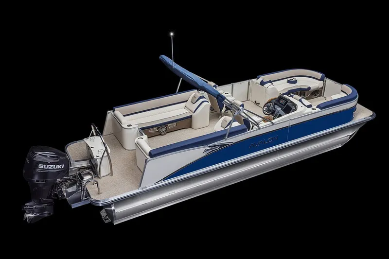 Slide: The Image of Manufacturer Provided Image: 2026 Avalon Geofish RF pontoon boat with Suzuki outboard motor, sleek design. - 20