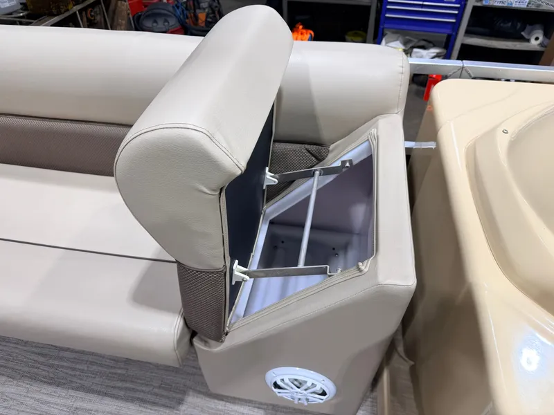 Slide: The Image of Interior of Northstar 2200 Cruise Pontoon 2023 with storage compartment. - 17