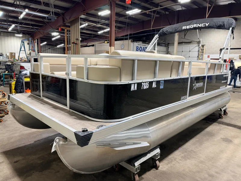 Slide: The Image of Northstar 2200 Cruise Pontoon 2023 in warehouse, priced at $19995. - 35