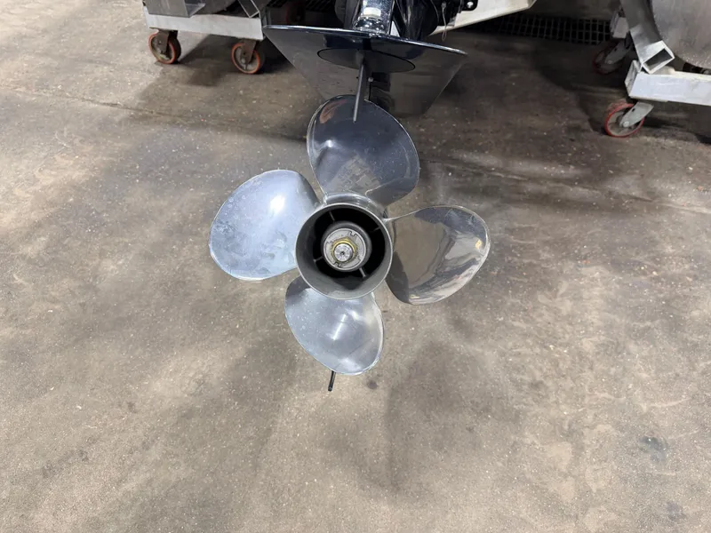 Slide: The Image of Close-up of a propeller on the 2023 Northstar 2200 Cruise Pontoon. - 49