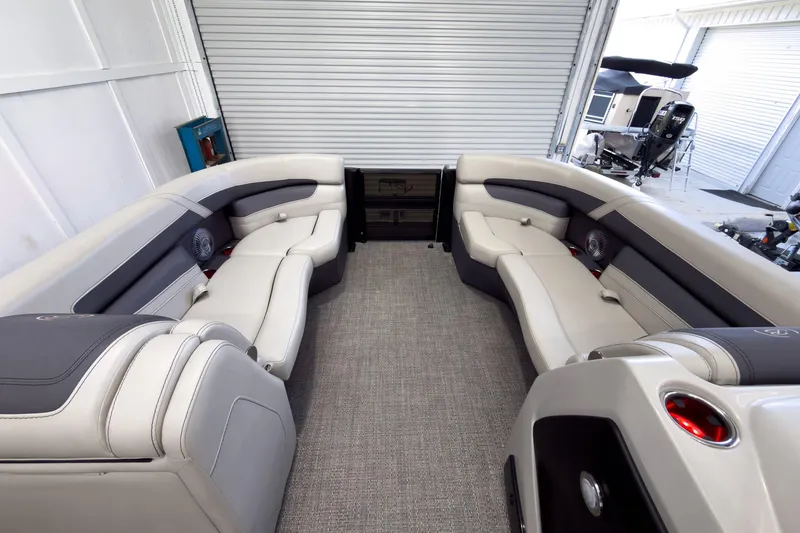 Slide: The Image of Luxurious interior of 2025 Barletta Cabrio 22UC pontoon boat with plush seating. - 31