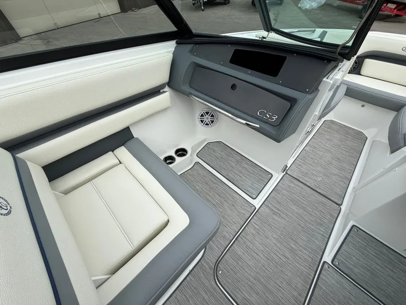 Slide: The Image of Interior of 2022 Cobalt CS23 Surf with gray and white seating. - 36