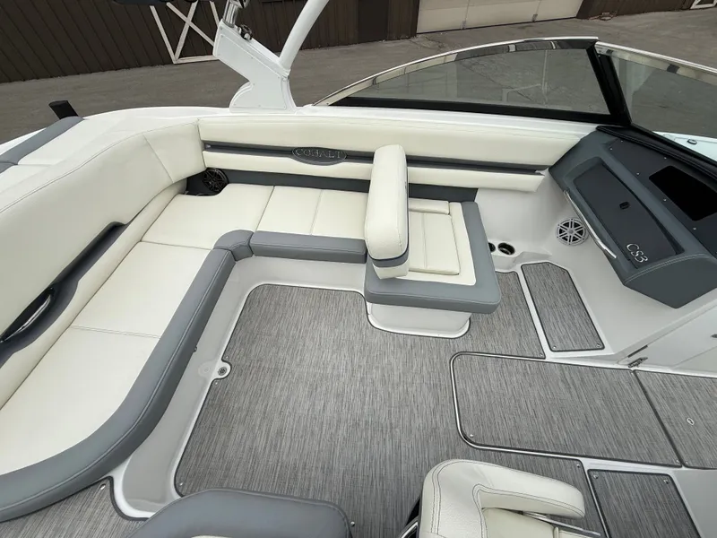 Slide: The Image of Interior of 2022 Cobalt CS23 Surf with gray and white upholstery. - 49