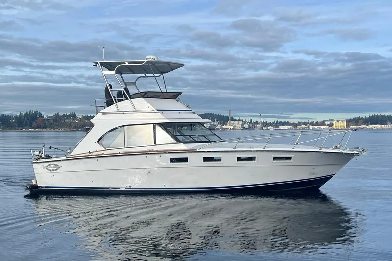 The Image of 1974 Magnum Sportfisher boat on calm water under cloudy sky. - 1