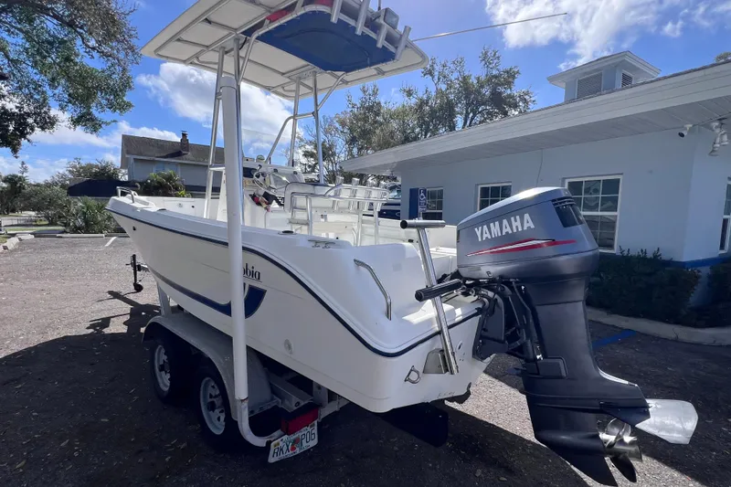 Slide: The Image of 2001 Cobia 194 Center Console boat with Yamaha outboard motor on trailer. - 3