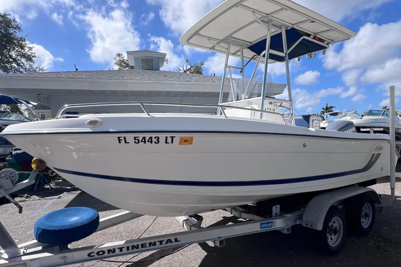 Slide: The Image of 2001 Cobia 194 Center Console boat on trailer under blue sky. - 4