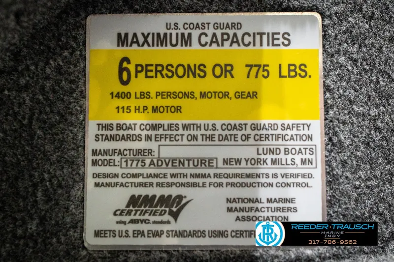 Slide: The Image of 2026 Lund 1775 Adventure SS capacity label: 6 persons, 775 lbs, 115 HP motor. - 54