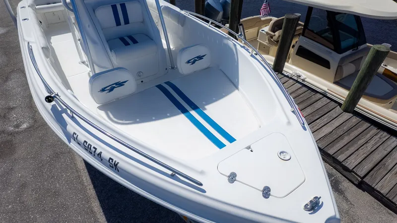 Slide: The Image of 2019 Glasstream 221cc boat docked with blue stripes. - 14