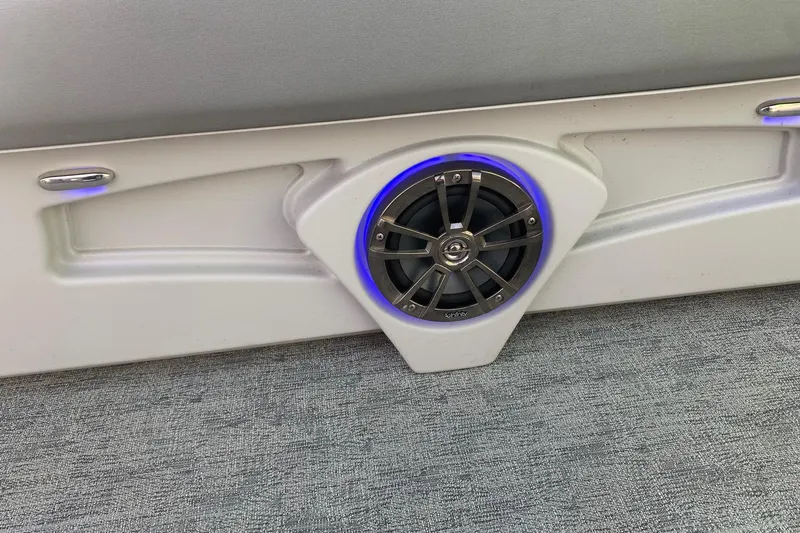 Slide: The Image of Speaker with blue LED light on 2018 Avalon 2585 Catalina Quad Lounger boat. - 16
