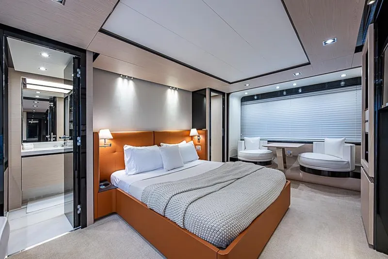 Slide: The Image of Luxurious bedroom interior of 2017 Azimut 80 yacht with modern design and elegant furnishings. - 58