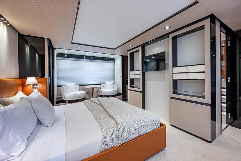 Slide: The Image of Luxurious bedroom interior of 2017 Azimut 80 yacht with modern design and elegant furnishings. - 59