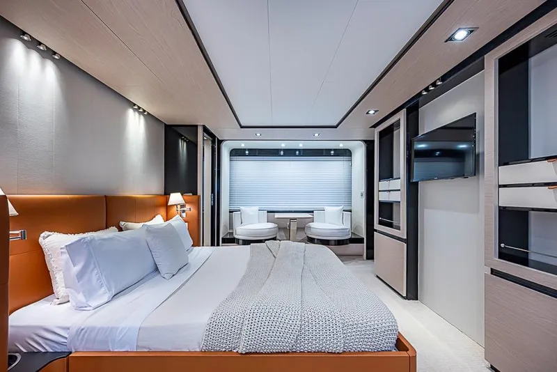Slide: The Image of Luxurious bedroom interior of 2017 Azimut 80 yacht with modern design and elegant furnishings. - 60