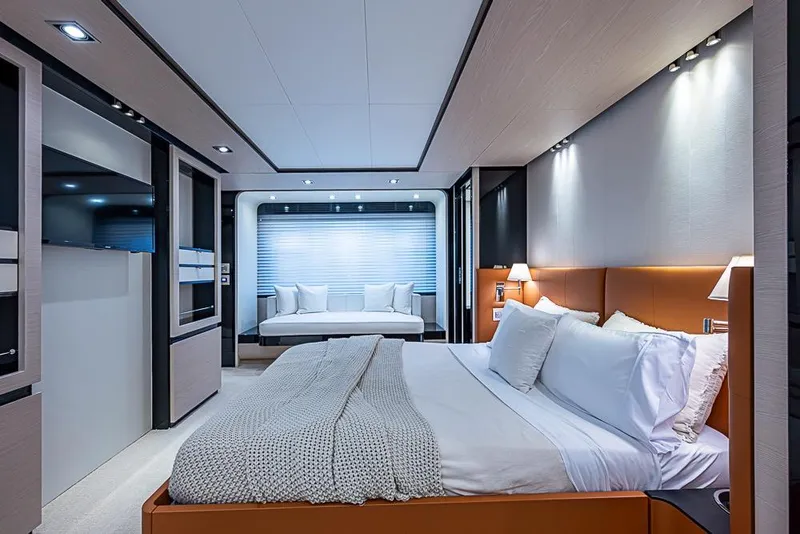 Slide: The Image of Luxurious bedroom interior of 2017 Azimut 80 yacht with modern design and cozy ambiance. - 62