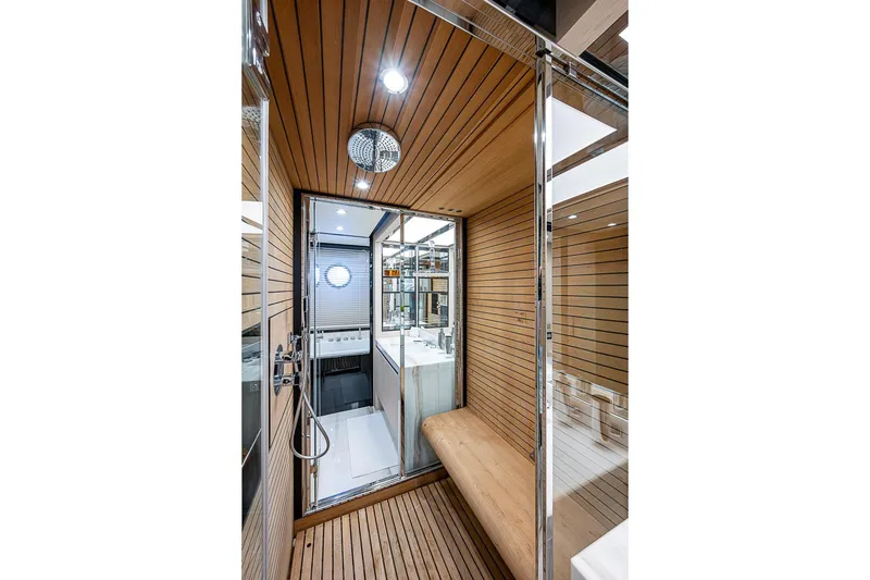 Slide: The Image of Luxurious wooden interior of 2017 Azimut 80 yacht bathroom with modern fixtures. - 75