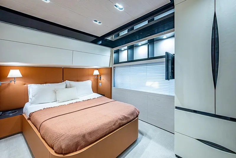 Slide: The Image of Luxurious bedroom interior of 2017 Azimut 80 yacht with modern design and cozy ambiance. - 82