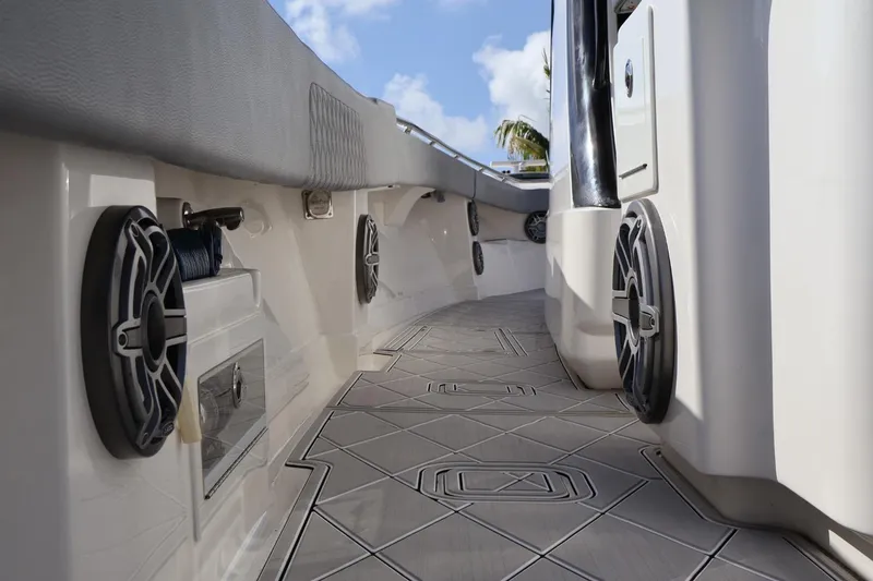 Slide: The Image of 2020 Blackwater 41 Performance Fish boat interior with speakers and sleek design. - 11