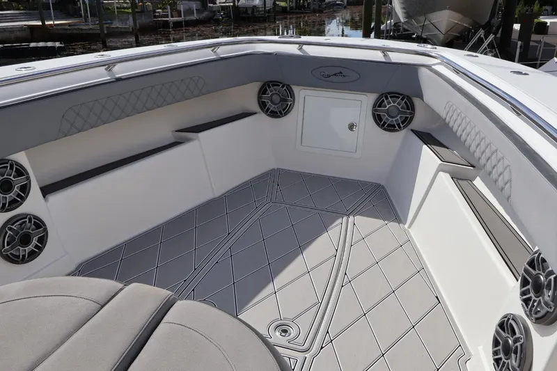 Slide: The Image of Interior of 2020 Blackwater 41 Performance Fish boat with stylish seating and speakers. - 16