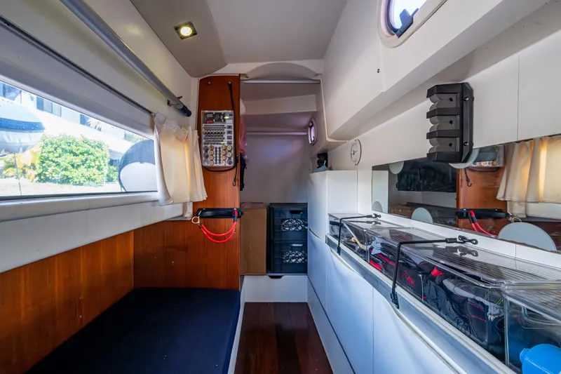 Slide: The Image of Interior of 2012 Prestige Flybridge yacht with modern design and storage compartments. - 72