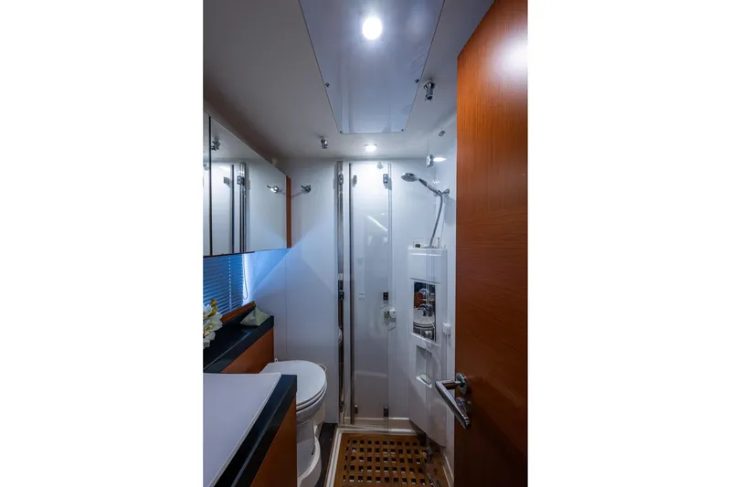 Slide: The Image of Luxurious bathroom in 2012 Prestige Flybridge yacht with modern fixtures and elegant design. - 92