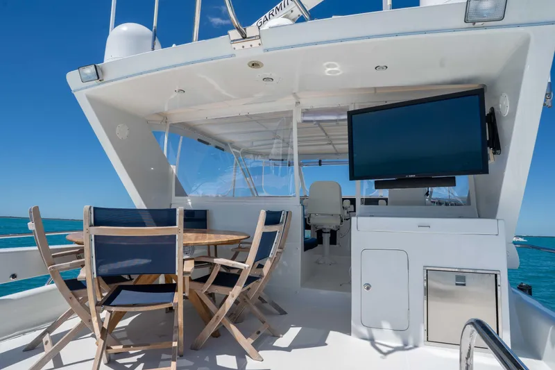 Slide: The Image of Luxurious 2001 Symbol 62 Pilothouse Yacht deck with seating and TV, ocean view. - 42