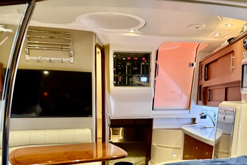 Slide: The Image of Interior of 2015 Grady-White Express 370 boat with modern amenities and sleek design. - 28