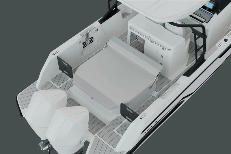 Slide: The Image of 2026 Wellcraft 28 T-Top boat interior with dual engines and sleek design. - 2