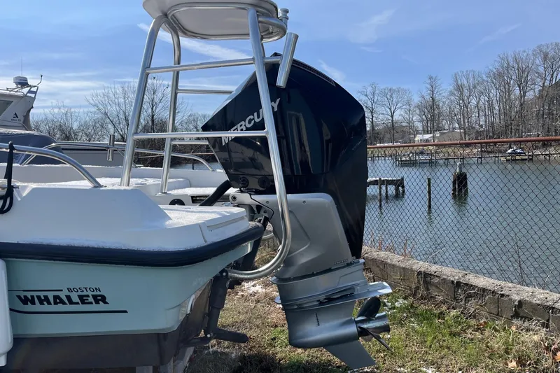Slide: The Image of 2019 Boston Whaler 240 Dauntless boat with Mercury outboard motor by a lakeside. - 2