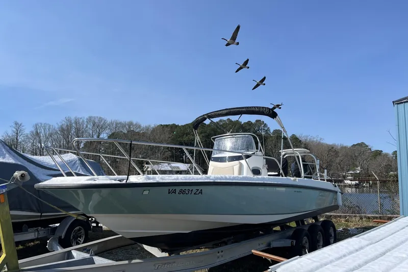 Slide: The Image of 2019 Boston Whaler 240 Dauntless boat on trailer with birds flying overhead. - 3