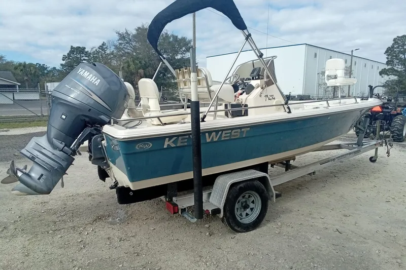 Slide: The Image of 2007 Key West 196 Bay Reef boat on trailer with Yamaha outboard motor. - 10