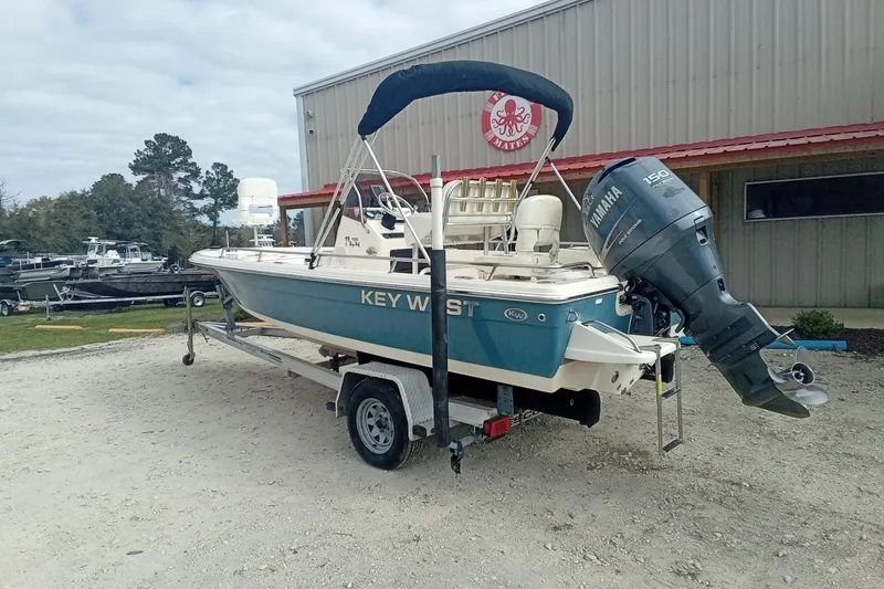 Slide: The Image of 2007 Key West 196 Bay Reef boat on trailer with Yamaha outboard motor. - 12