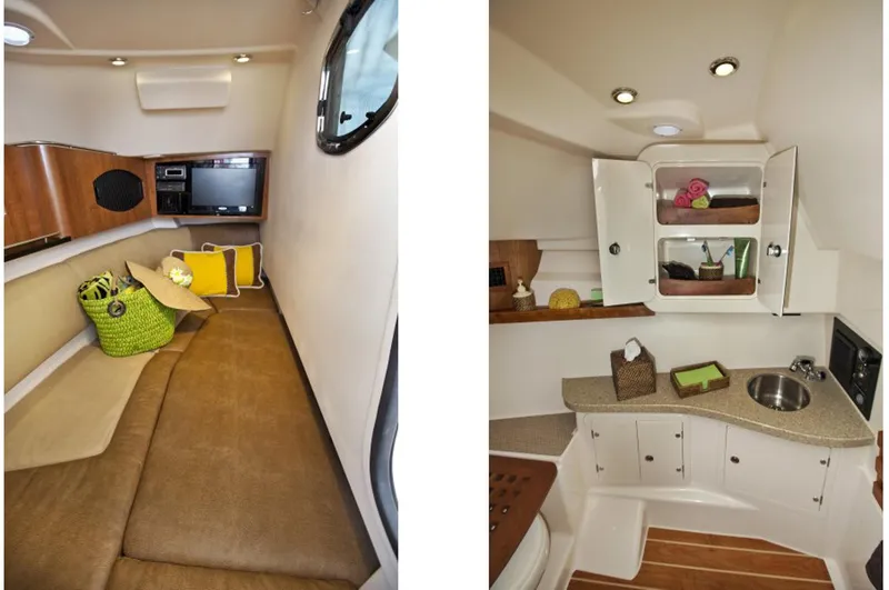 Slide: The Image of Manufacturer Provided Image: Interior cabin of 2014 Grady-White Freedom 335 boat with seating and kitchenette. - 7