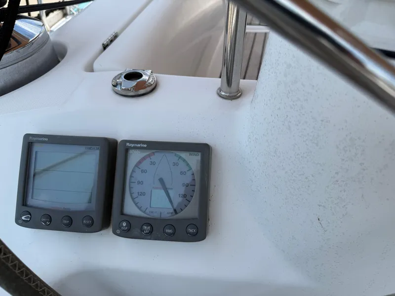 Slide: The Image of Beneteau 49 yacht cockpit with Raymarine instruments, 2007 model. - 30