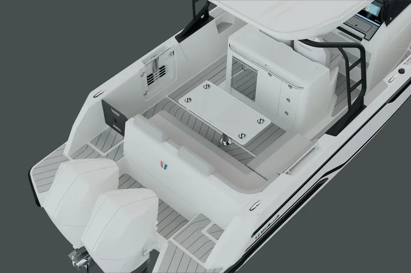 Slide: The Image of 2026 Wellcraft 28 T-Top boat interior with seating and dual engines. - 2