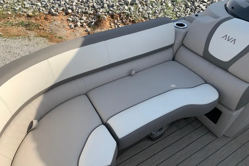Slide: The Image of 2024 Avalon Catalina Quad Lounge boat seating, featuring elegant beige and white upholstery. - 6
