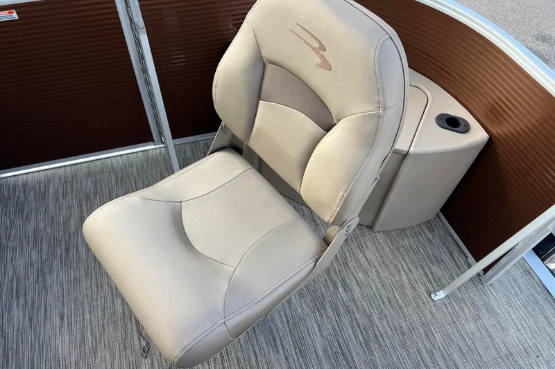 Slide: The Image of Beige captain's chair on 2021 Bennington 168 Fish Cruise boat, with cup holder nearby. - 9
