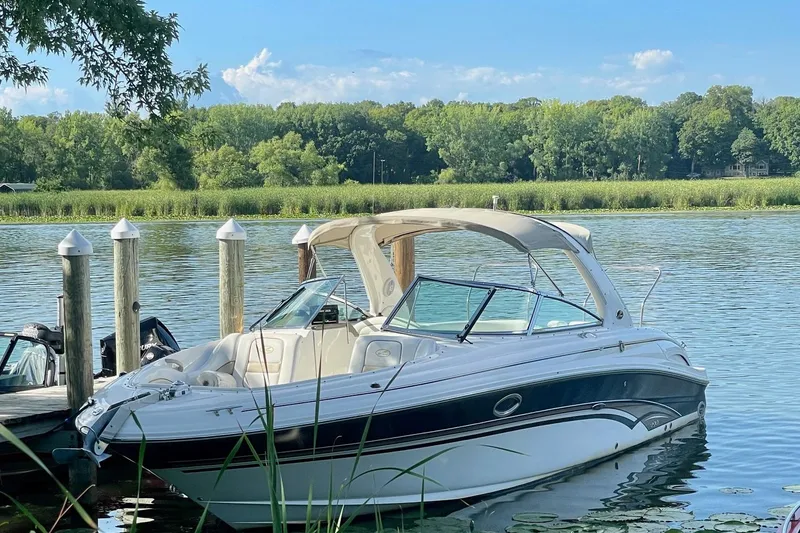 The Image of 2003 Sea Ray 290 Bowrider docked on a serene lake with lush greenery. - 1