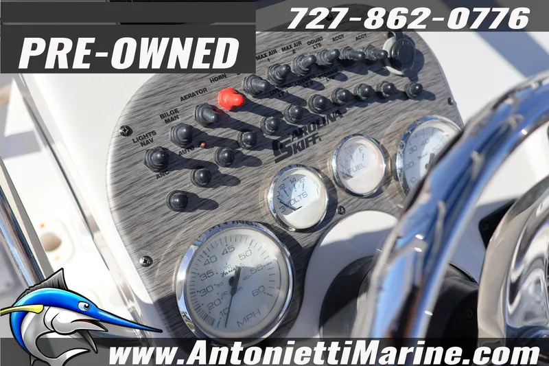 Slide: The Image of Pre-owned 2016 Carolina Skiff 178 DLV dashboard with gauges and controls, Antonietti Marine. - 25