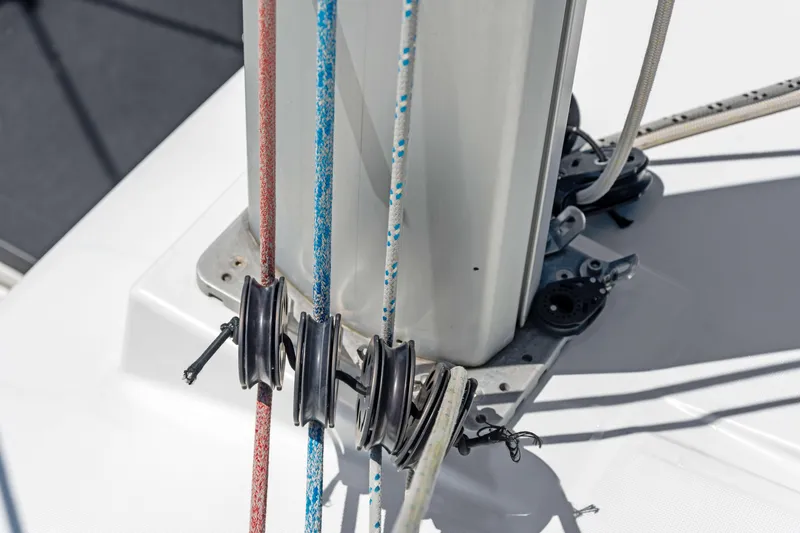 Slide: The Image of Close-up of sailing ropes and pulleys on a 2017 Lagoon 450 F catamaran. - 31