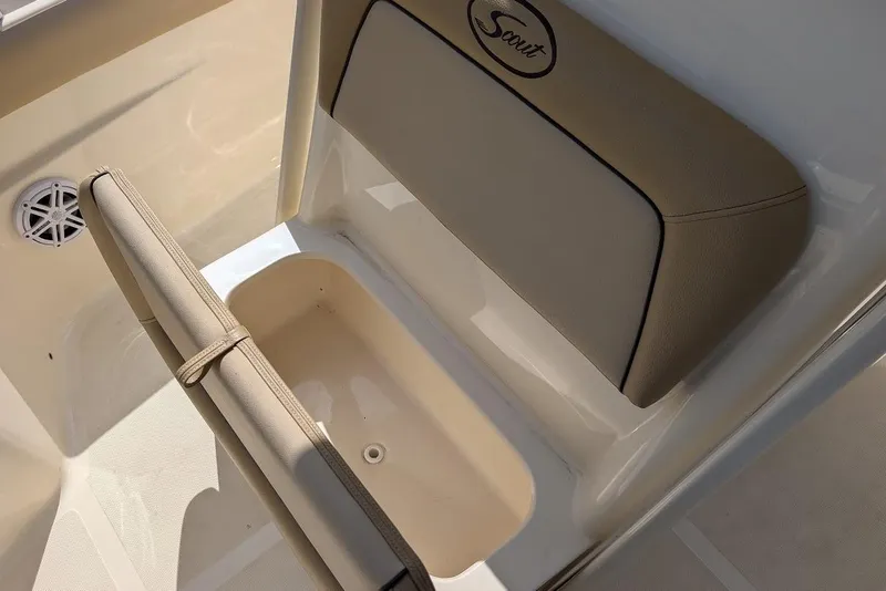Slide: The Image of 2017 Scout 225 XSF boat seat and storage compartment detail. - 14