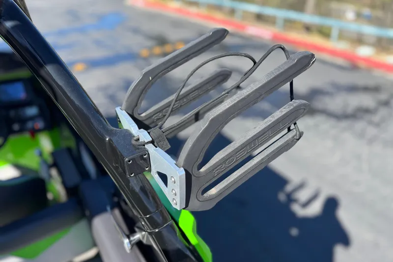 Slide: The Image of 2021 Moomba Kaiyen boat with Roswell wakeboard rack in focus. - 16