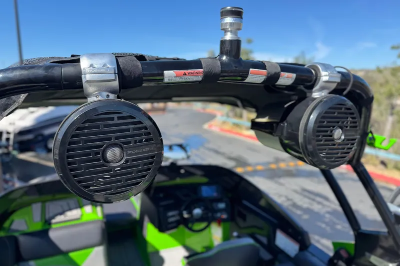 Slide: The Image of 2021 Moomba Kaiyen boat with Roswell speakers on the wakeboard tower. - 17