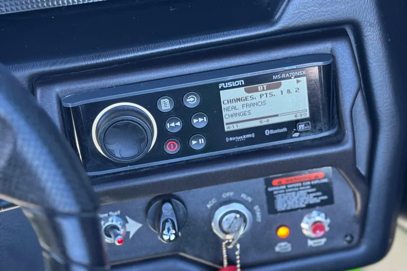 Slide: The Image of 2021 Moomba Kaiyen dashboard with Fusion MS-RA70NSX stereo displaying Neal Francis song. - 37