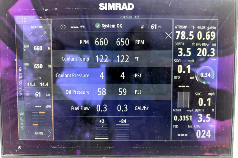 Slide: The Image of Simrad display showing 2014 Pro-Line 26 Super Sport engine metrics and navigation data. - 48