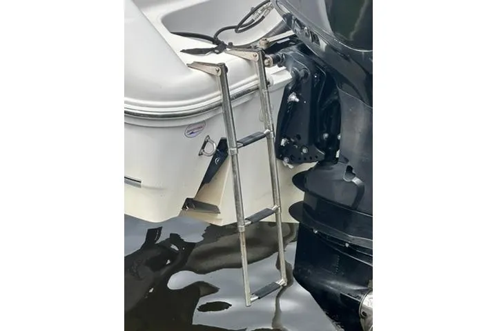 Slide: The Image of Boat ladder on 2014 Pro-Line 26 Super Sport, near outboard motor in water. - 66