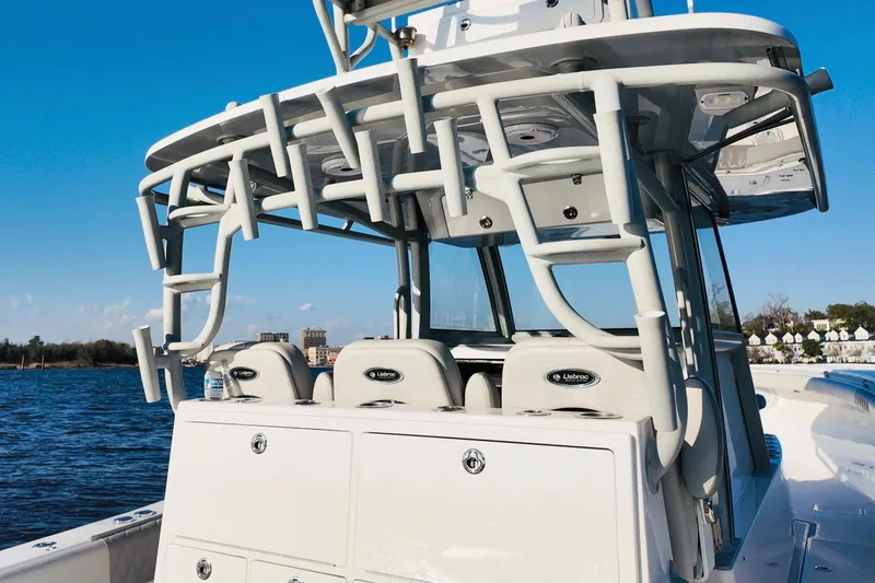 Slide: The Image of 2025 Onslow Bay 41 Tournament boat with sleek design and advanced features on the water. - 18