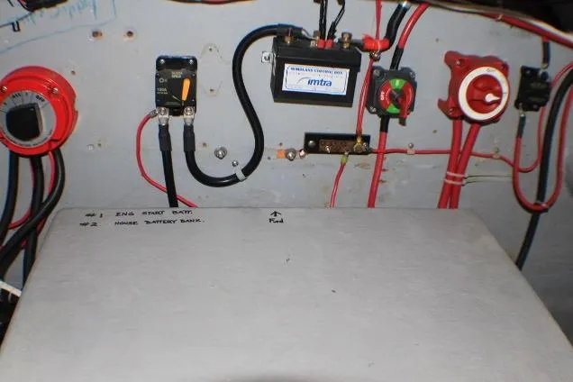 Slide: The Image of Electrical panel of a 1986 Lynnwood Flybridge Sedan boat with wiring and battery connections. - 71